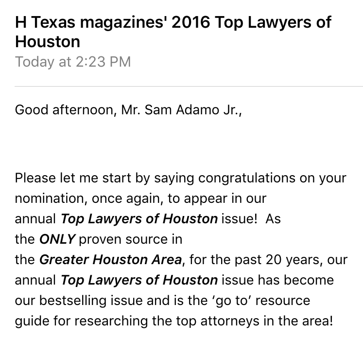 Top 2016 Houston Attorney - Sam Adamo Jr.