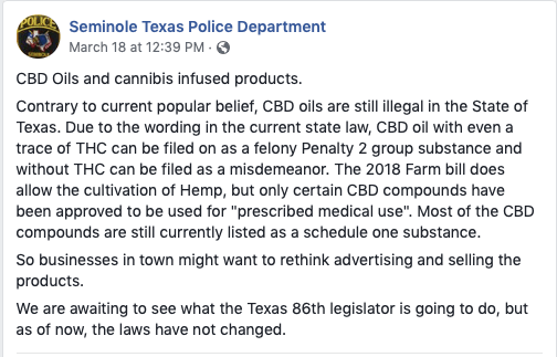 Texas Seminole County recent stance on the legality of Hemp and CBD Businesses